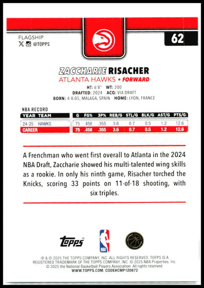 2025-26 Topps #62 Zaccharie Risacher Atlanta Hawks