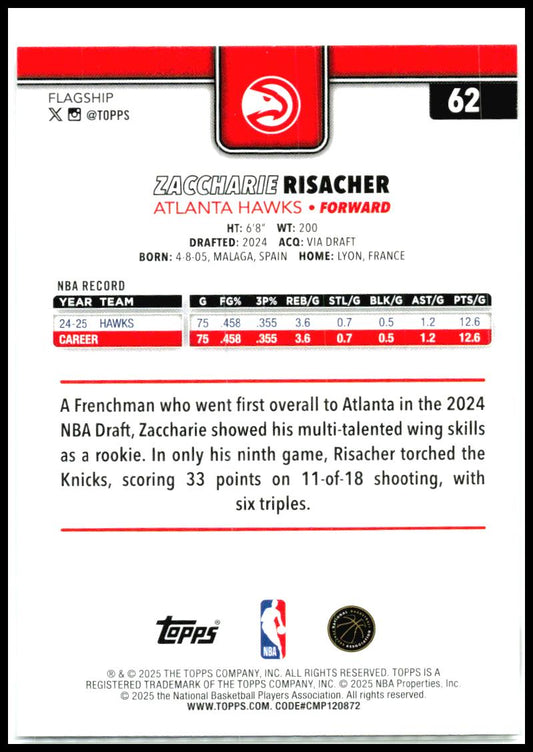 2025-26 Topps #62 Zaccharie Risacher Atlanta Hawks