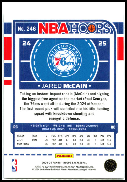 2024-25 Hoops #246 Jared McCain Rookie Philadelphia 76ers