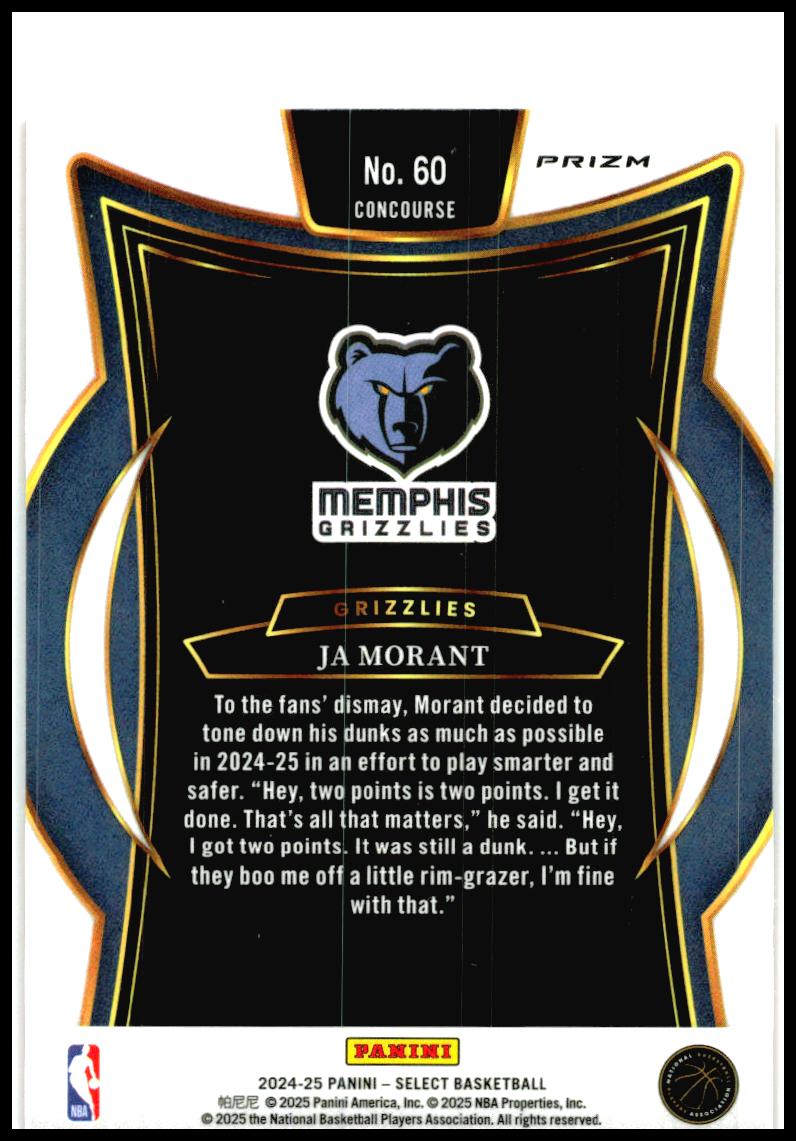 2024-25 Panini Select Orange Flash Prizm #60 Ja Morant Memphis Grizzlies