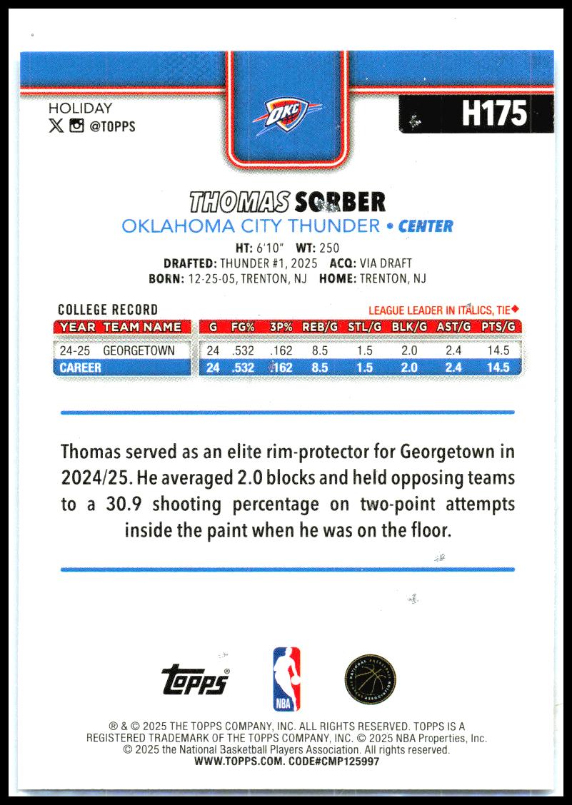 2025-26 Topps Holiday Light Blue Holiday #H175 Thomas Sorber Rookie Thunder