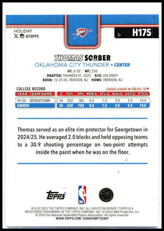2025-26 Topps Holiday Light Blue Holiday #H175 Thomas Sorber Rookie Thunder