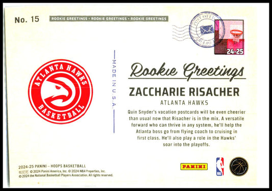2024-25 Hoops Rookie Greetings #15 Zaccharie Risacher Atlanta Hawks