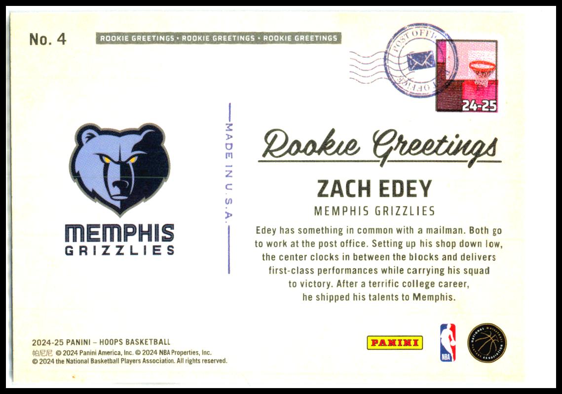 2024-25 Hoops Rookie Greetings #4 Zach Edey Memphis Grizzlies
