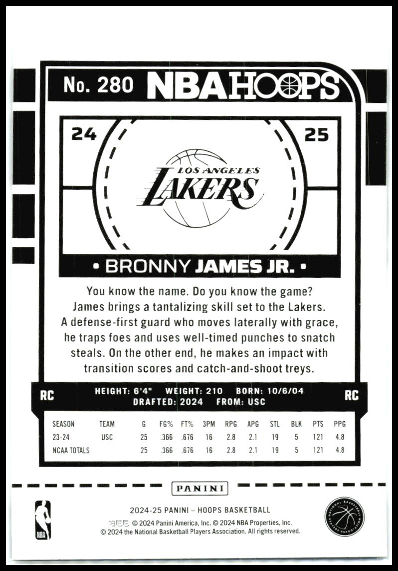 2024-25 Hoops #280 Bronny James Jr. Rookie Los Angeles Lakers