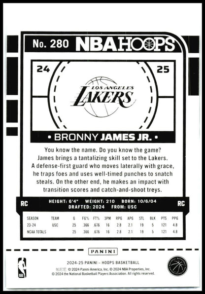 2024-25 Hoops #280 Bronny James Jr. Rookie Los Angeles Lakers