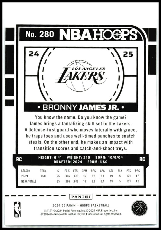 2024-25 Hoops #280 Bronny James Jr. Rookie Los Angeles Lakers