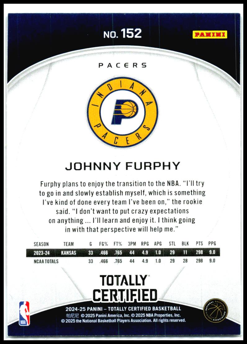2024-25 Panini Totally Certified Mirror Maroon #152 Johnny Furphy Rookie Pacers