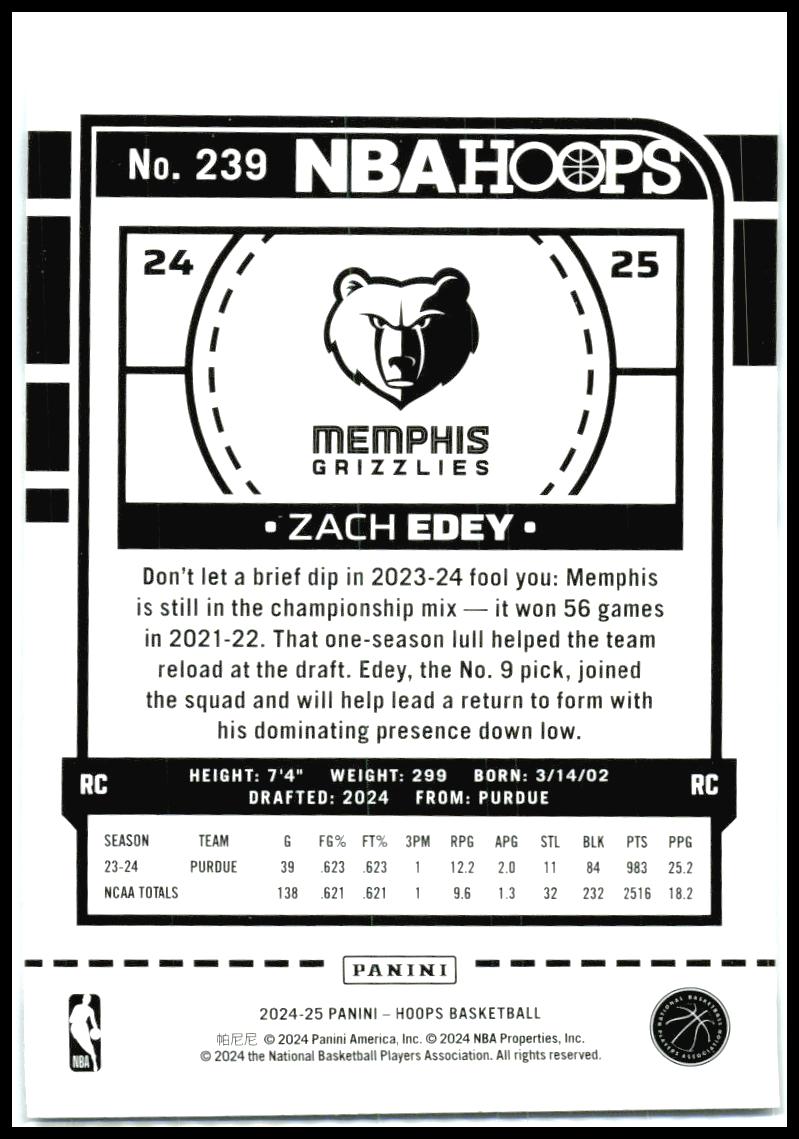 2024-25 Hoops #239 Zach Edey Rookie Memphis Grizzlies
