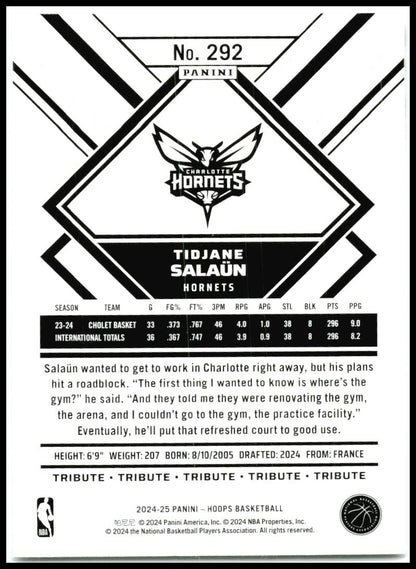 2024-25 Hoops #292 Tidjane Salaun Charlotte Hornets