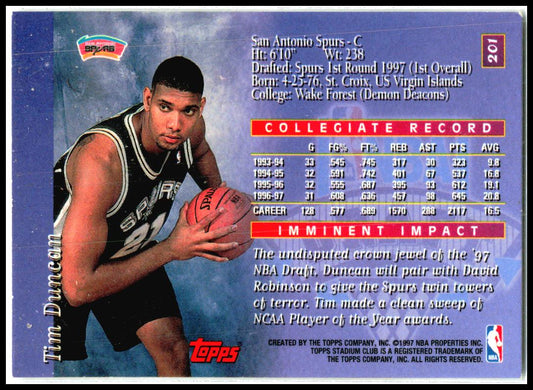 1997-98 Stadium Club #201 Tim Duncan Rookie San Antonio Spurs