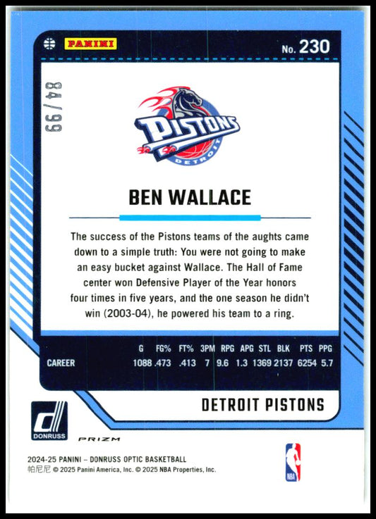 2024-25 Donruss Optic Copper Glitter #230 Ben Wallace #/99 Detroit Pistons