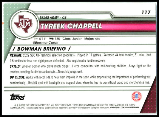 2023 Bowman University Chrome X-Fractor #117 Tyreek Chappell Texas A&M Aggies