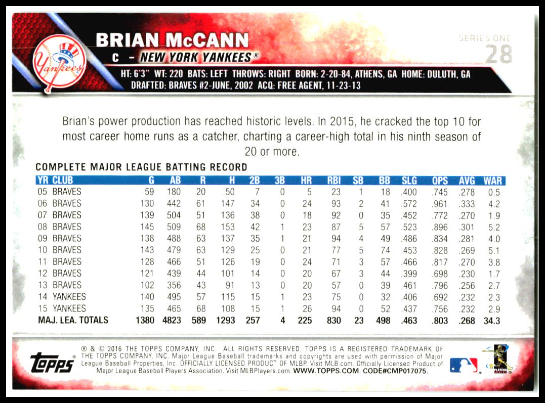 2016 Topps New York Yankees #NYY-2 Brian McCann New York Yankees