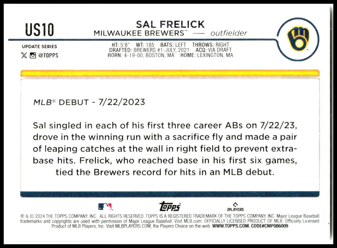 2024 Topps Update First Card #US10 Sal Frelick #/1 Milwaukee Brewers