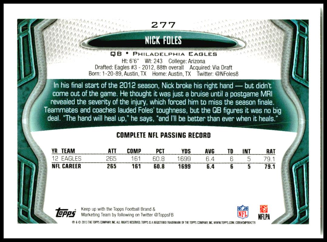 2013 Topps #277 Nick Foles Philadelphia Eagles