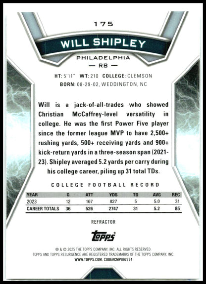 2024 Topps Resurgence Refractor #175 Will Shipley Rookie Philadelphia Eagles