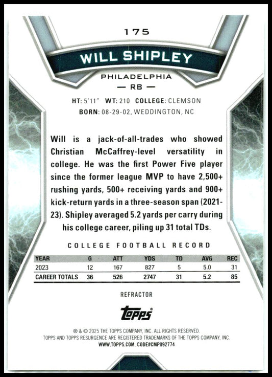 2024 Topps Resurgence Refractor #175 Will Shipley Rookie Philadelphia Eagles