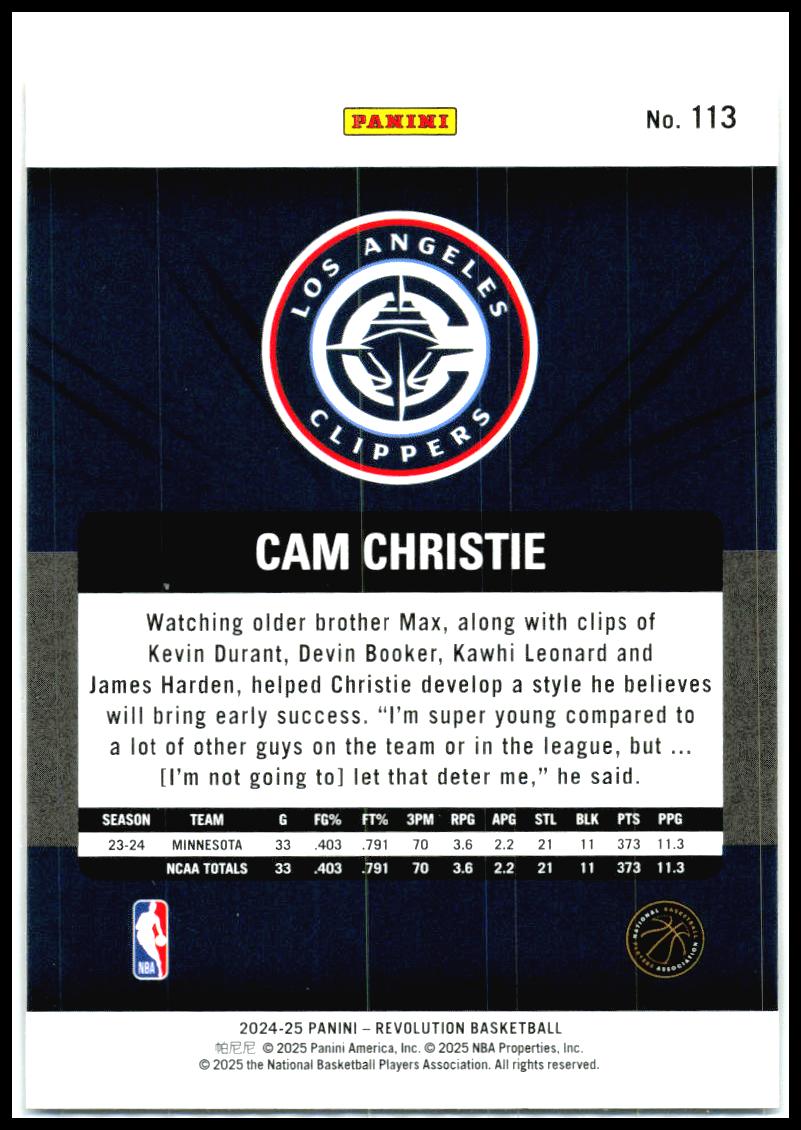 2024-25 Panini Revolution #113 Cam Christie Rookie Los Angeles Clippers