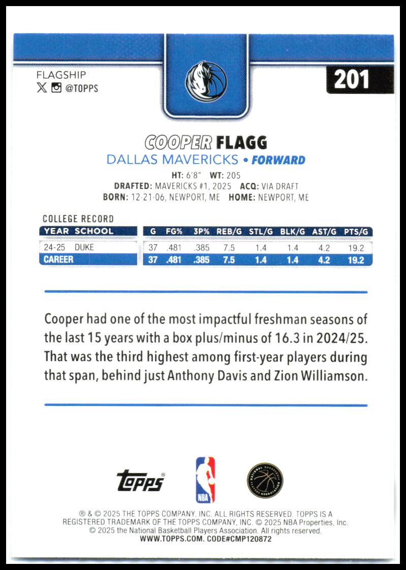 2025-26 Topps #201 Cooper Flagg Rookie Dallas Mavericks