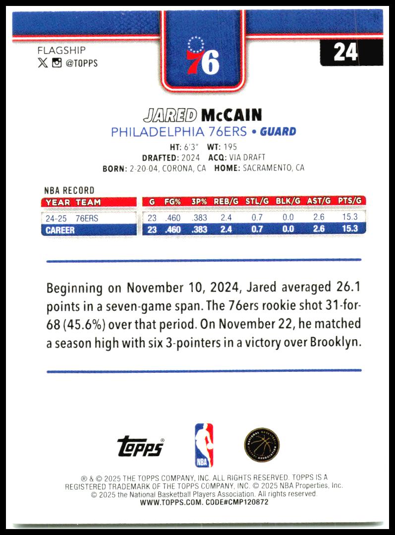 2025-26 Topps #24 Jared McCain Philadelphia 76ers