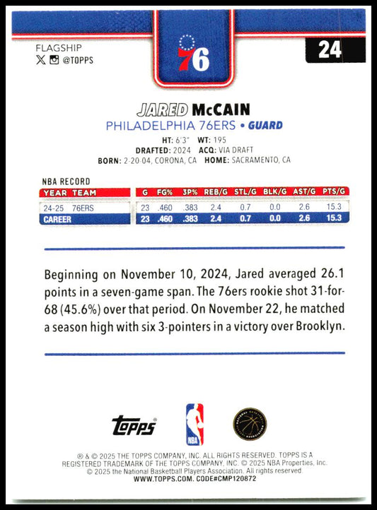 2025-26 Topps #24 Jared McCain Philadelphia 76ers