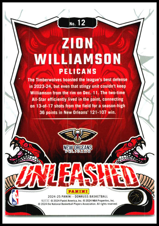 2024-25 Donruss Unleashed #12 Zion Williamson New Orleans Pelicans