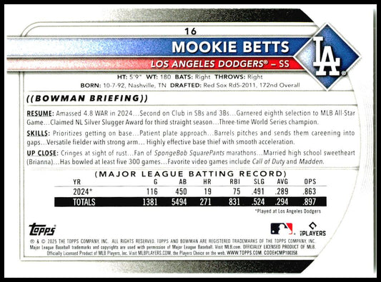 2025 Bowman #16 Mookie Betts Los Angeles Dodgers