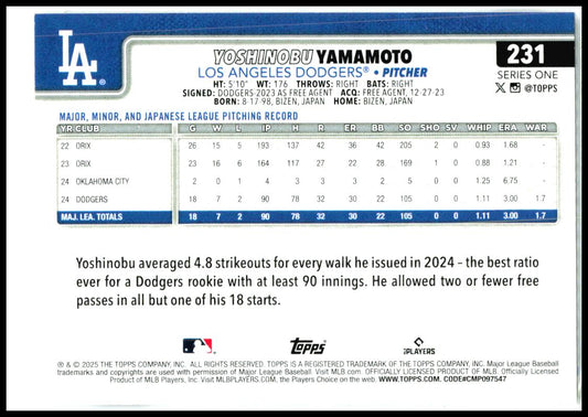 2025 Topps Rainbow Foil #231 Yoshinobu Yamamoto Los Angeles Dodgers