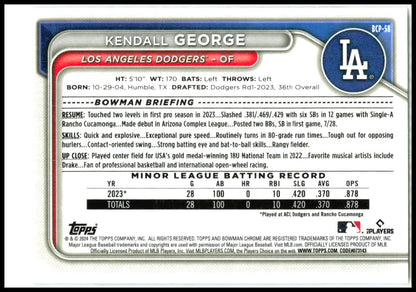 2024 Bowman Chrome Prospects #BCP-58 Kendall George Los Angeles Dodgers