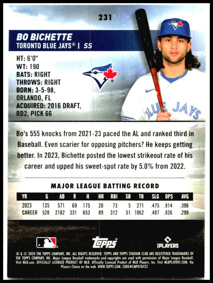 2024 Stadium Club #231 Bo Bichette Toronto Blue Jays