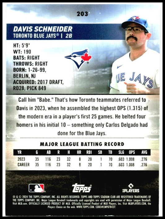 2024 Stadium Club #203 Davis Schneider Rookie Toronto Blue Jays