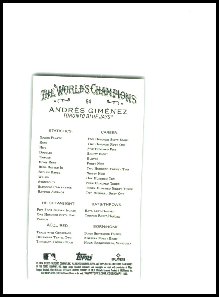 2025 Topps Allen & Ginter Mini Gold #94 Andrés Giménez