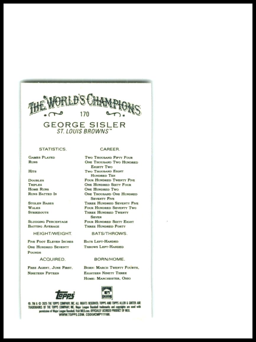 2025 Topps Allen & Ginter Mini Black #170 George Sisler New England Patriots