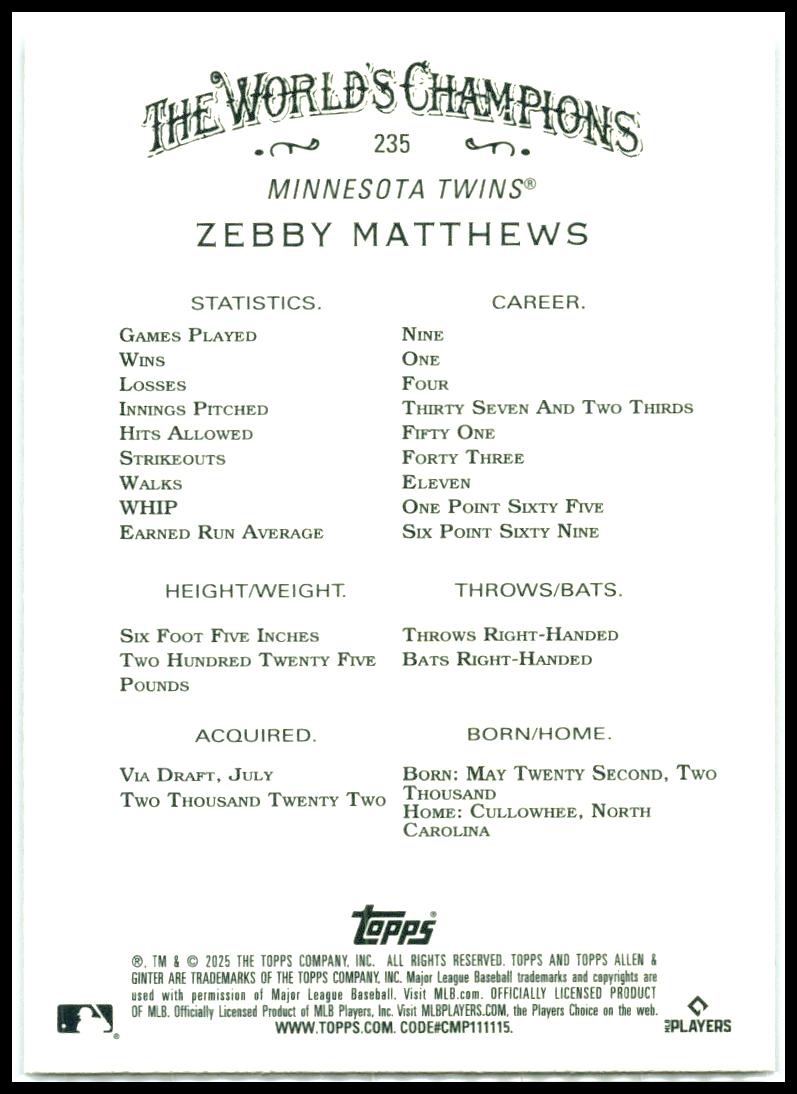 2025 Topps Allen & Ginter Chrome #235 Zebby Matthews