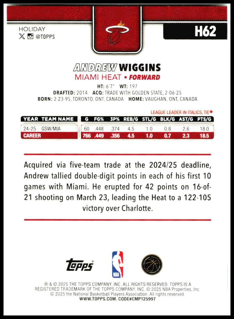 2025-26 Topps Holiday #H62 Andrew Wiggins Miami Heat