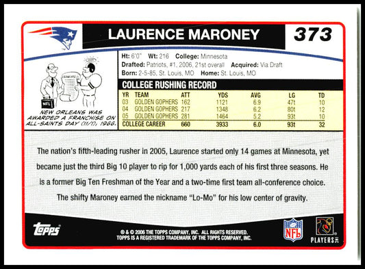 2006 Topps #373 Laurence Maroney Rookie New England Patriots