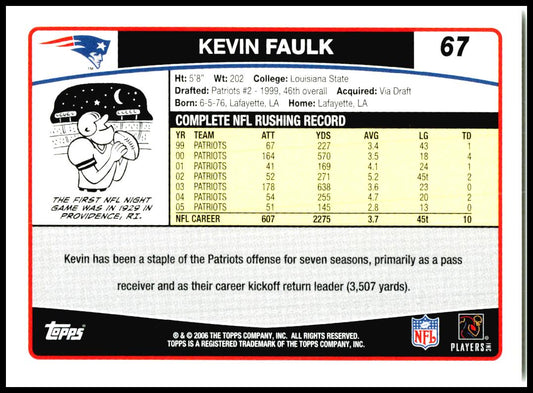 2006 Topps #67 Kevin Faulk New England Patriots