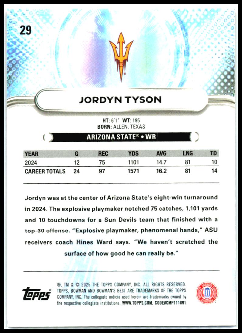 2025 Bowman University Best Purple Lava #29 Jordyn Tyson Sun Devils