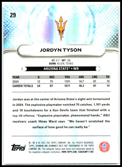 2025 Bowman University Best Purple Lava #29 Jordyn Tyson Sun Devils