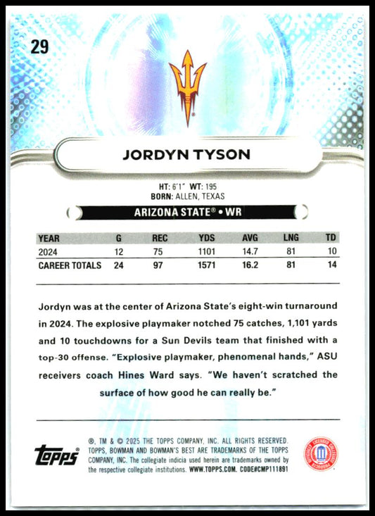 2025 Bowman University Best Purple Lava #29 Jordyn Tyson Sun Devils