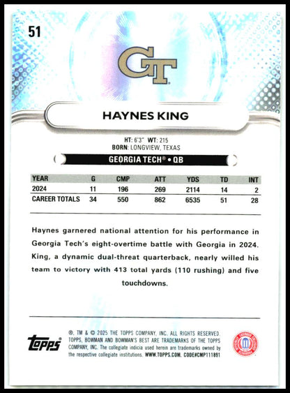 2025 Bowman University Best #51 Haynes King Georgia Tech Yellow Jackets