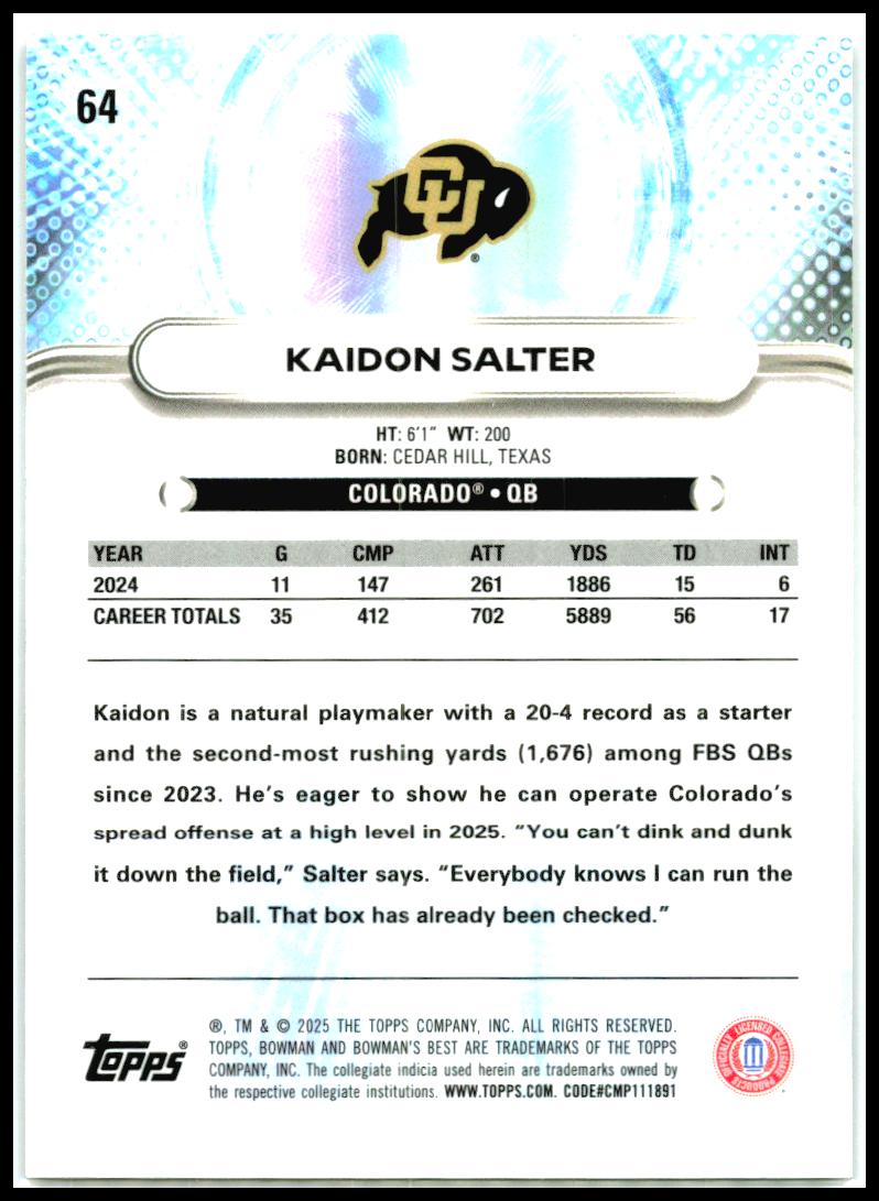 2025 Bowman University Best #64 Kaidon Salter Colorado Buffaloes
