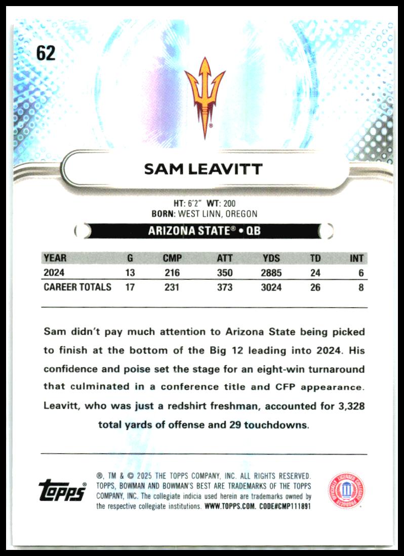 2025 Bowman University Best #62 Sam Leavitt Arizona State Sun Devils