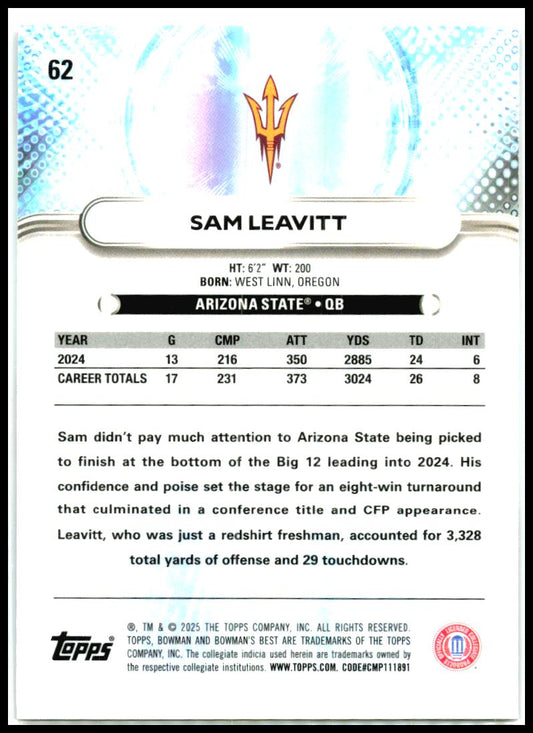 2025 Bowman University Best #62 Sam Leavitt Arizona State Sun Devils