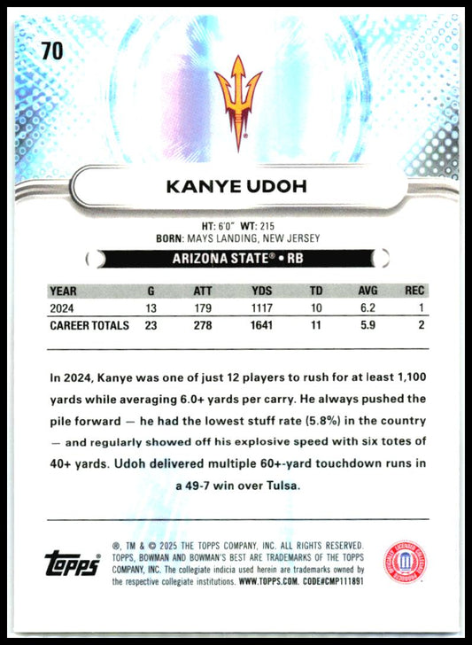 2025 Bowman University Best #70 Kanye Udoh Arizona State Sun Devils