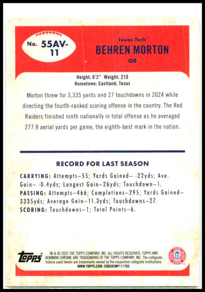 2025 Bowman University Chrome 1955 Bowman #55AV-11 Behren Morton Texas Tech