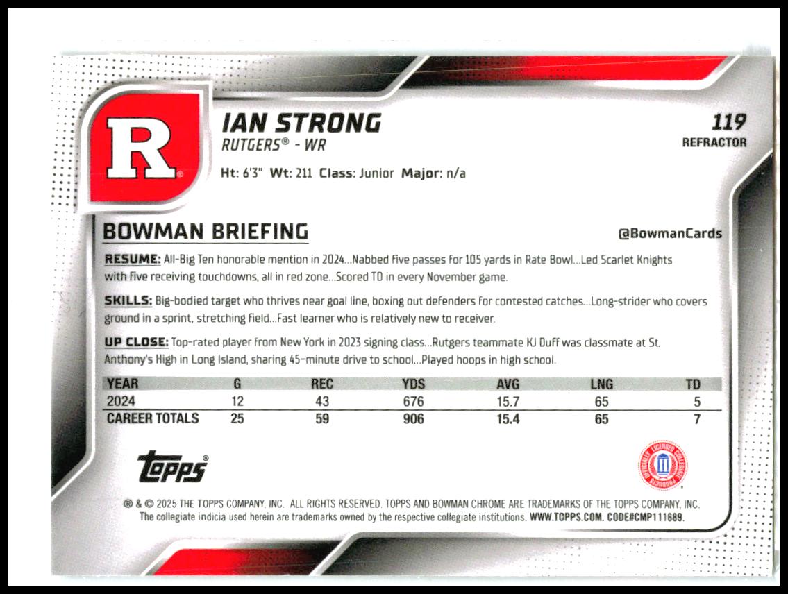 2025 Bowman University Chrome Refractor #119 Ian Strong Rutgers Scarlet Knights