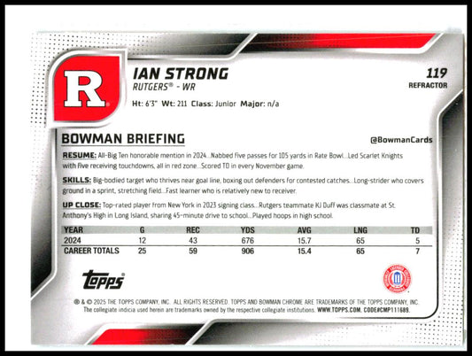 2025 Bowman University Chrome Refractor #119 Ian Strong Rutgers Scarlet Knights