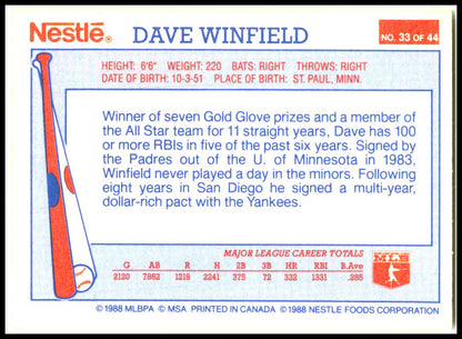 1988 Nestle Dream Team #33 Dave Winfield New York Yankees